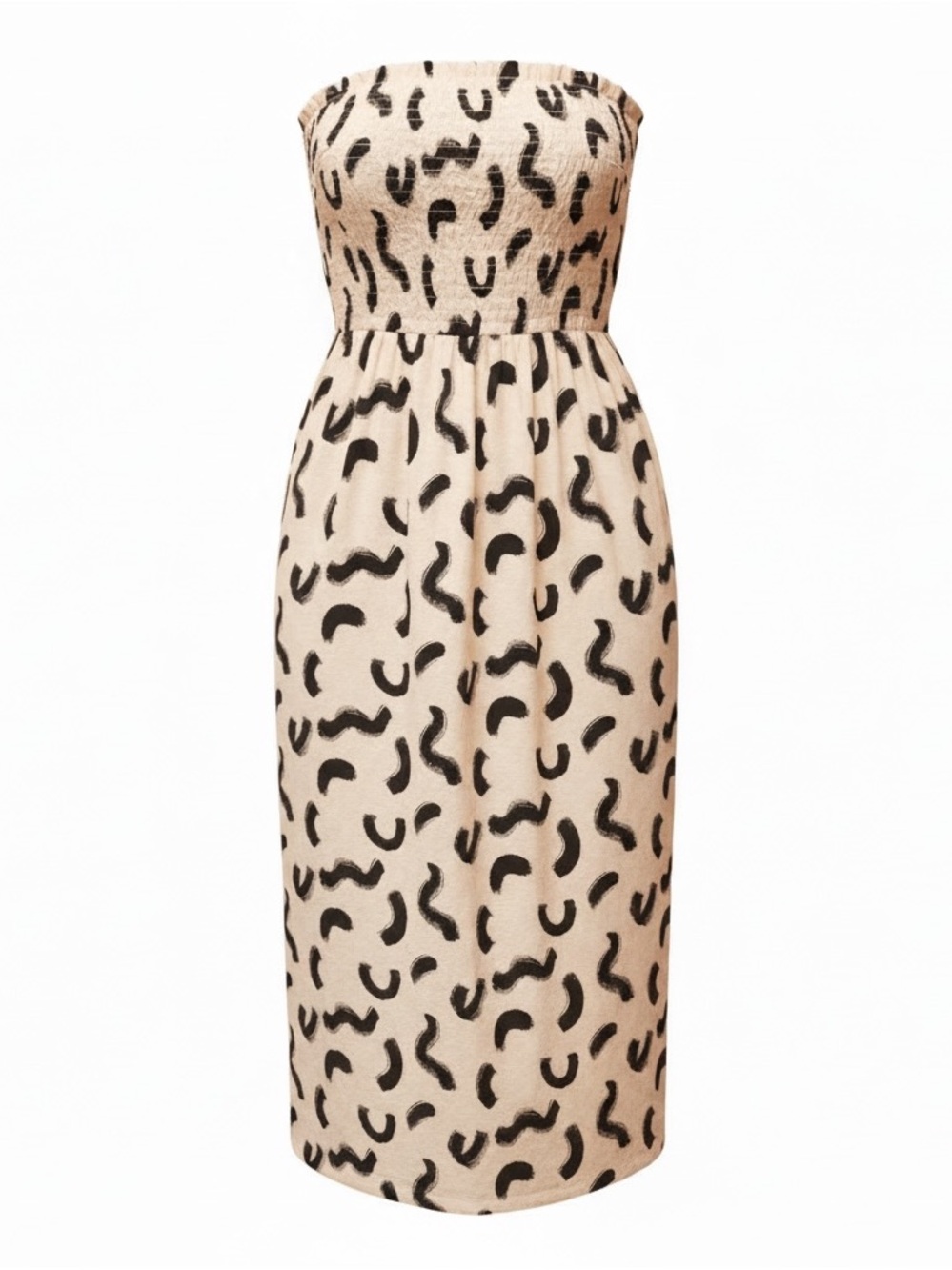 A New Day Strapless Smocked Maxi Dress Cream Black Print Pockets - Size Small